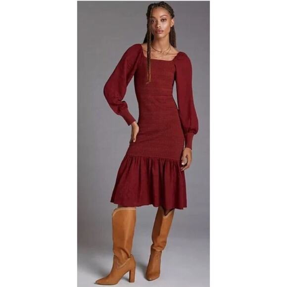 NWT Anthropologie Women's‎ Smocked Puff-Sleeve Midi Modest Dress Wine Size MP - Picture 1 of 5